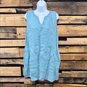 Artisan NY 100% Linen Teal Embroidered Sleeveless Shift Dress With Pockets XL